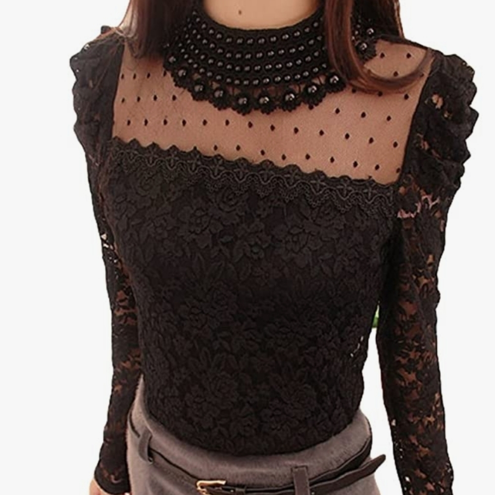 Women's Long Sleeve Embroidery Pearl Sheer Lace Crochet Blouse